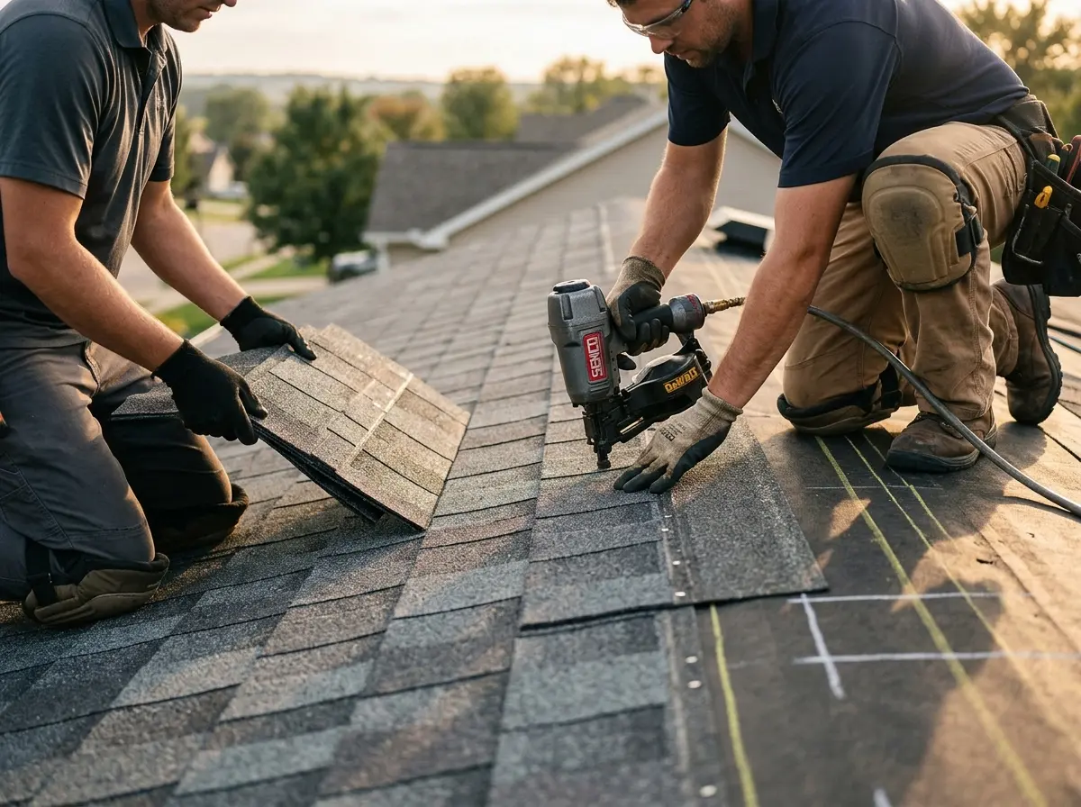 Professional roofer working on a residential roof in Dover